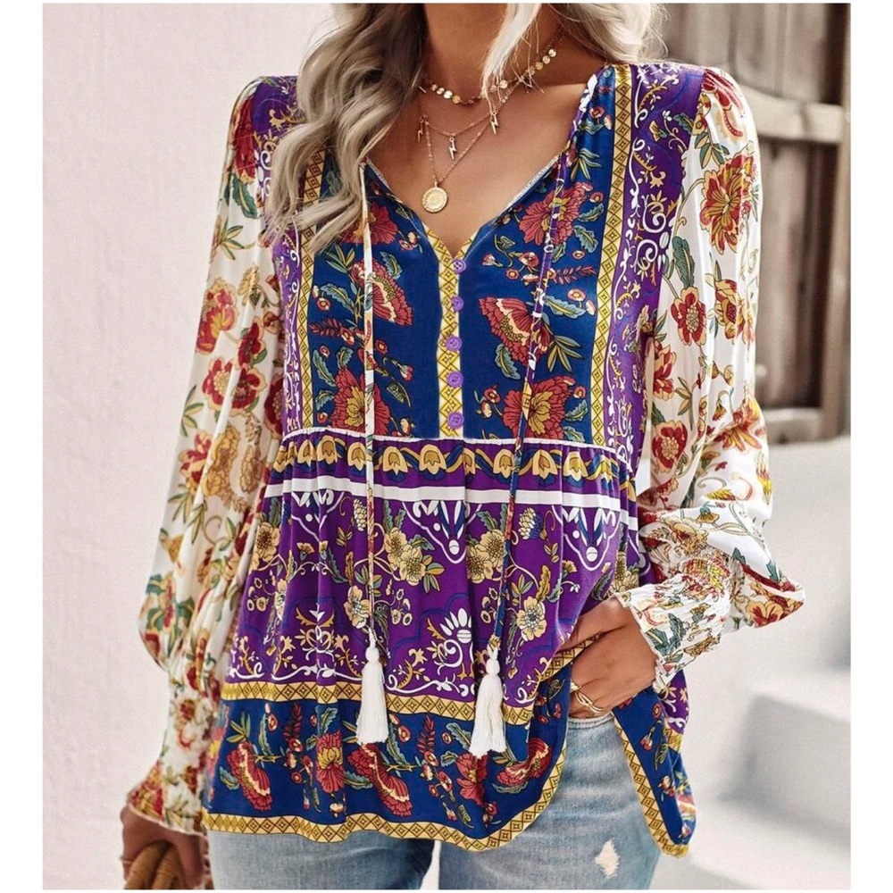 018 Boho Floral Print Cottagecore Blouse - Picture 3 of 4